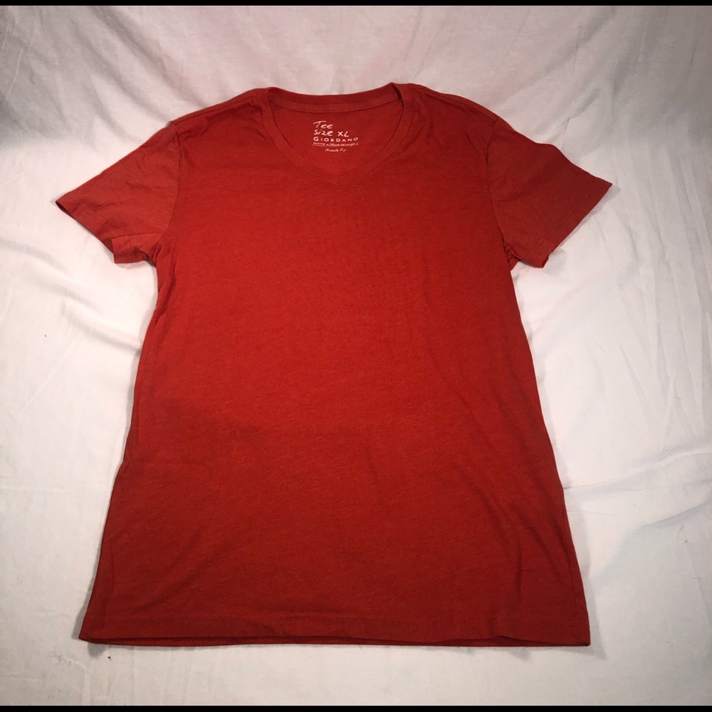 Men’s Giordano Short Sleeve V-Neck T-Shirt Size XL Muscle Fit Orange - Picture 1 of 4